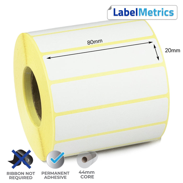 80 x 20mm Direct Thermal Labels - Permanent Adhesive