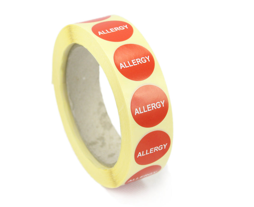 Red & White Allergy Labels. 25mm Diameter Circles. 1,000 Labels per roll.
