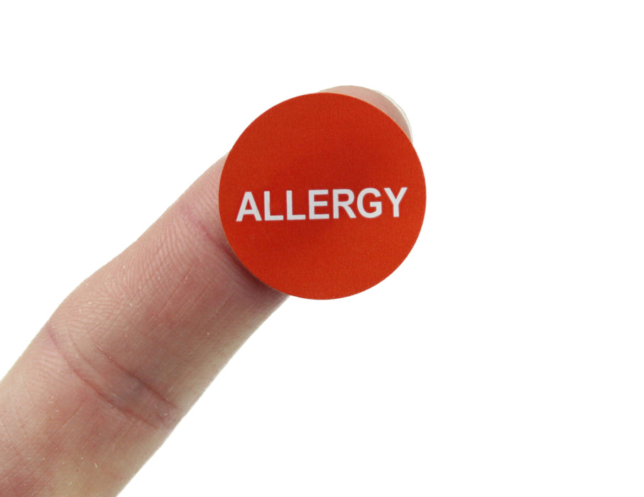 Red & White Allergy Labels. 25mm Diameter Circles. 1,000 Labels per roll.