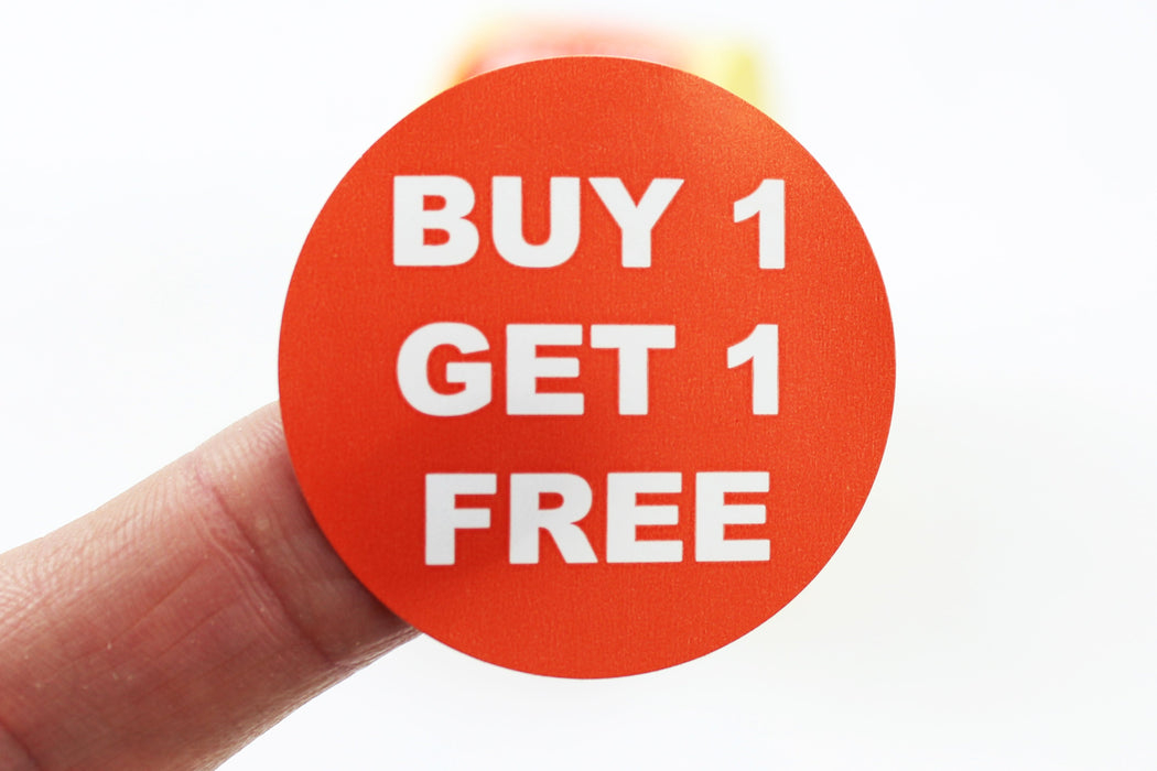 Buy 1 Get 1 Free Promotional Labels, Red & White. 40mm Diameter.