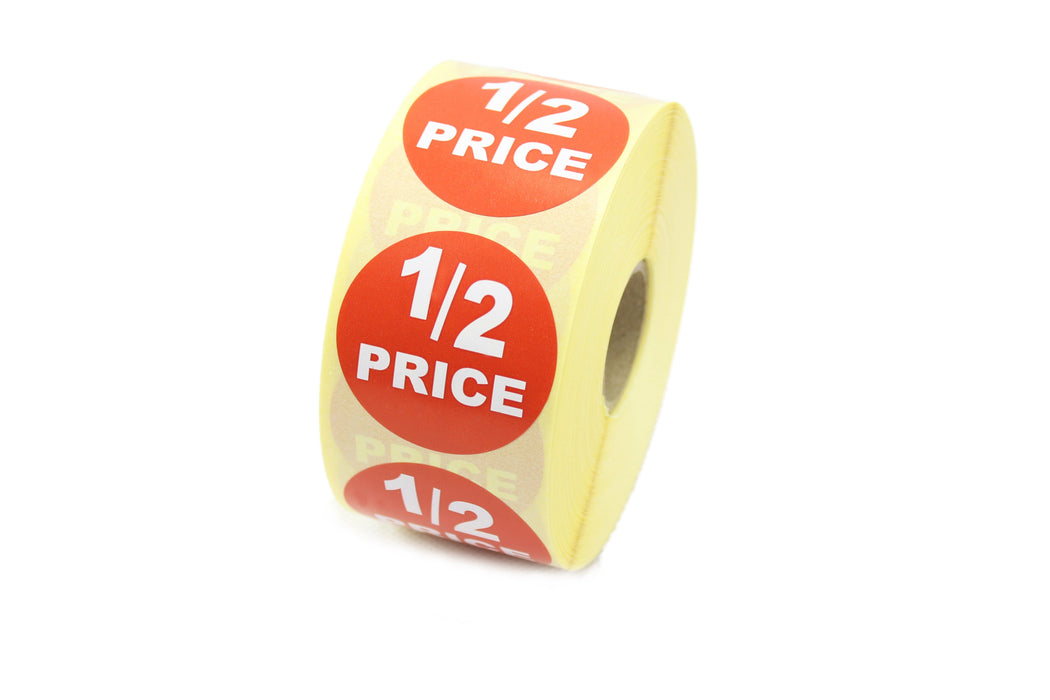 "1/2 Price" Promotional Labels, Red & White. 40mm Diameter.