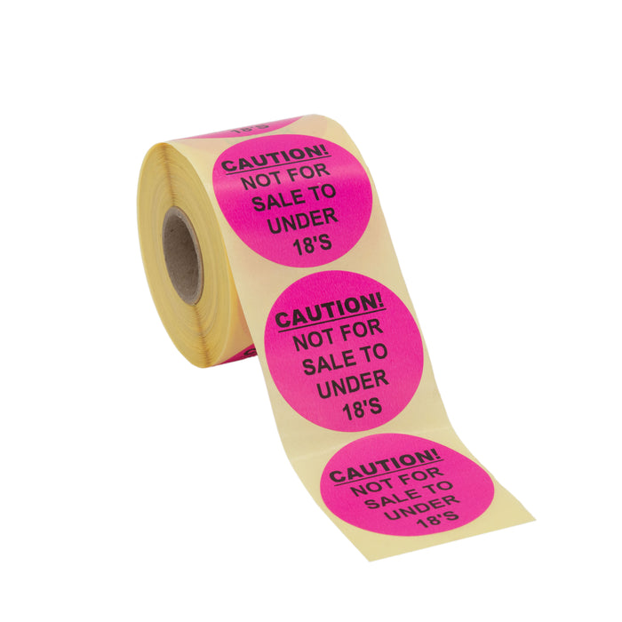 Age Restriction Warning Labels, 50mm Diameter, Pink, 500 Labels Per Roll, Not for Sale Under 18's