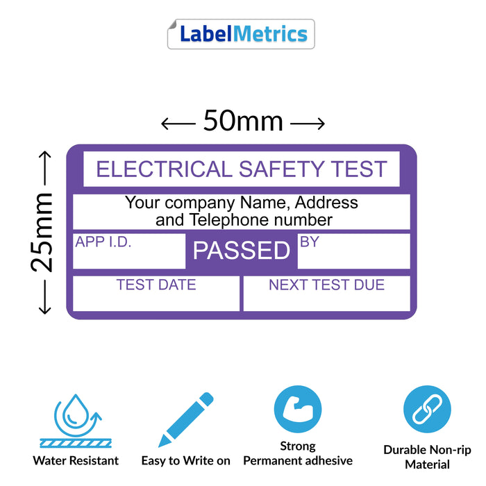 Label Testing Reciets 50mm x 25mm Custom Printed PAT Testing Labels, Polypropylene, Permanen ...