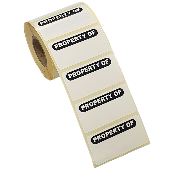 Property Of Labels 50mm x 25mm Roll of 500 – Asset Identification Stickers, Gloss Paper, Permanent Adhesive, Writable Ownership Labels