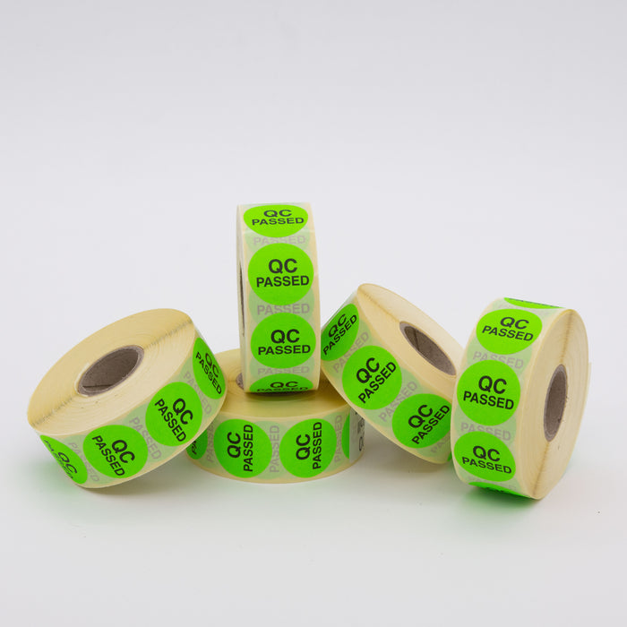 Pack of 5 Rolls, QC Passed Labels, 25mm Diameter, Printed Green and Bl ...
