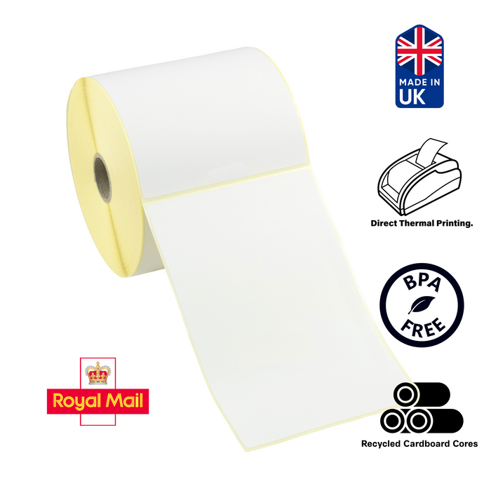 4" x 6" (101.6mm x 152.4mm) Direct Thermal Labels, Permanent adhesive. Compatible with Royal Mail Click and Drop.