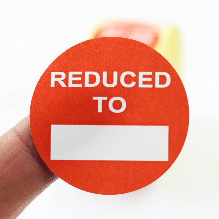 "Reduced to" with Text box, Promotional Labels, Red & White. 40mm Diameter.