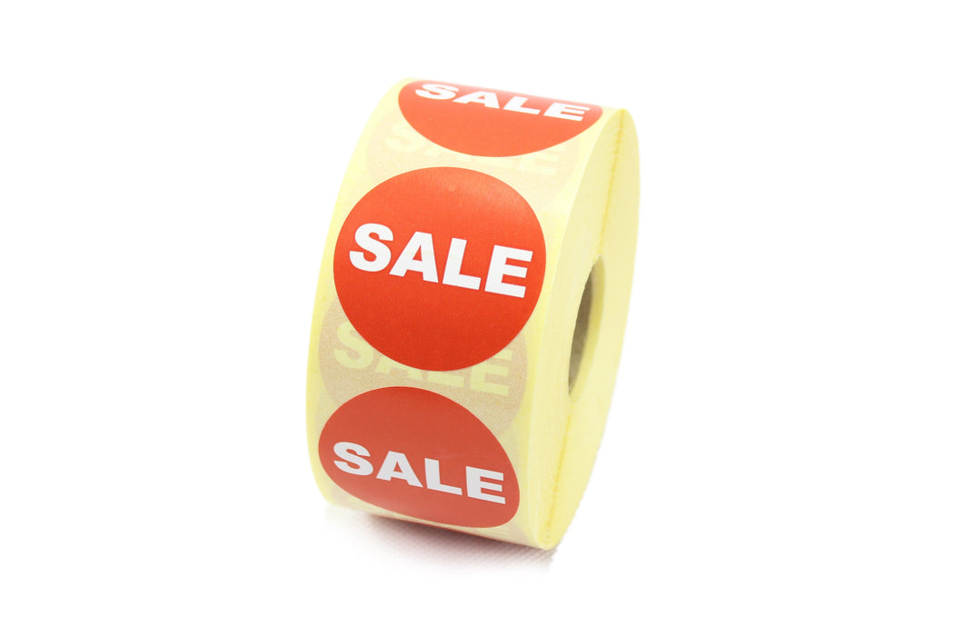 SALE Promotional Labels, Red & White. 40mm Diameter.