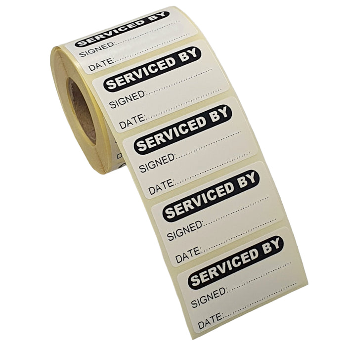 Serviced By Labels 50mm x 25mm Roll of 500 – Maintenance & Service Stickers, Gloss Paper, Permanent Adhesive, Signed & Date Labels