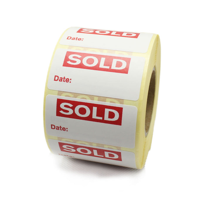 Sold Date. 50mm x 25mm Printed red on White. Retails labels.