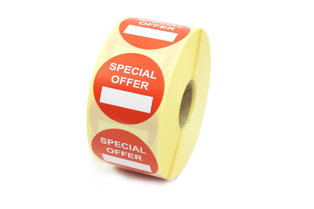 "Special Offer" with Text box, Promotional Labels, Red & White. 40mm Diameter.