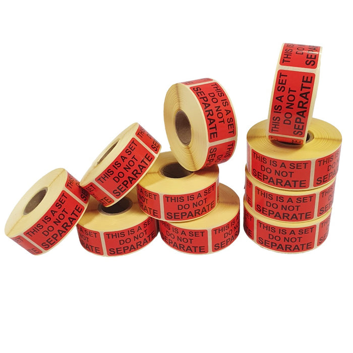 'This is a Set DO NOT Separate' Warning Labels, Red, 50mm x 25mm, 500 labels per roll, Glossy Paper Stickers.