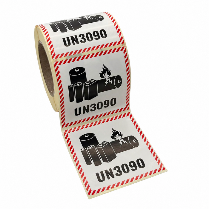 UN3090 Dangerous Goods Labels for Lithium-Ion Batteries, 100mm x 100mm, Red and White, Glossy Paper, Square, 500 Labels per Roll