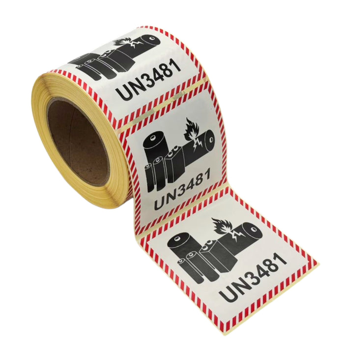 UN3481 Dangerous Goods Labels for Lithium-Ion Batteries, 100mm x 100mm, Red and White, Glossy Paper, Square, 500 Labels per Roll