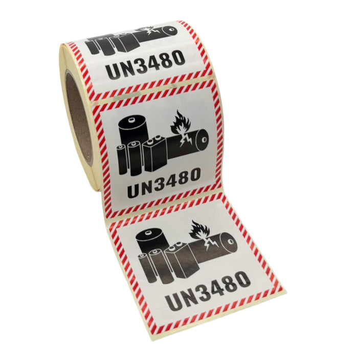 UN 3480 Lithium Battery Labels, 100mm x 100mm, 500 Labels per roll. Red and White, Glossy Paper, Square, 500 Labels per Roll