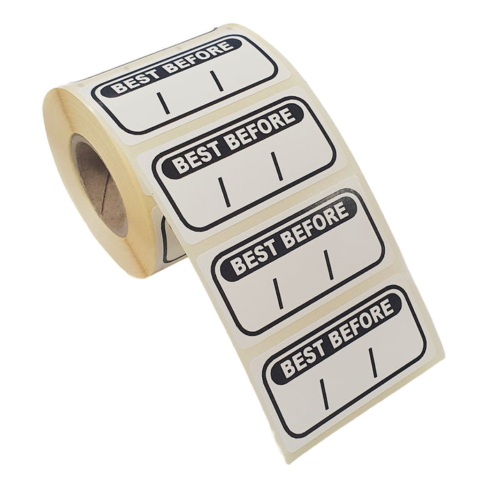 Best Before Date Labels on a Roll, 50mm x 25mm, White and Black, Writable Date Format, 500 Labels per Roll