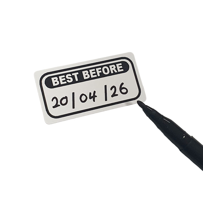 Best Before Date Labels on a Roll, 50mm x 25mm, White and Black, Writable Date Format, 500 Labels per Roll