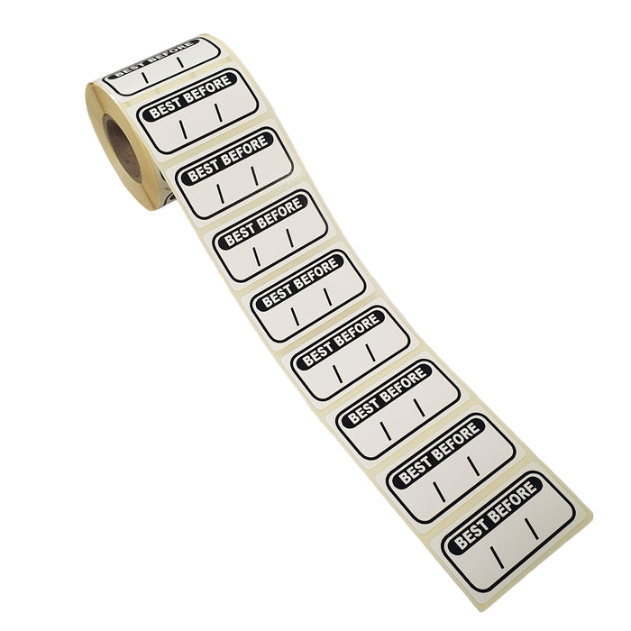 Best Before Date Labels on a Roll, 50mm x 25mm, White and Black, Writable Date Format, 500 Labels per Roll