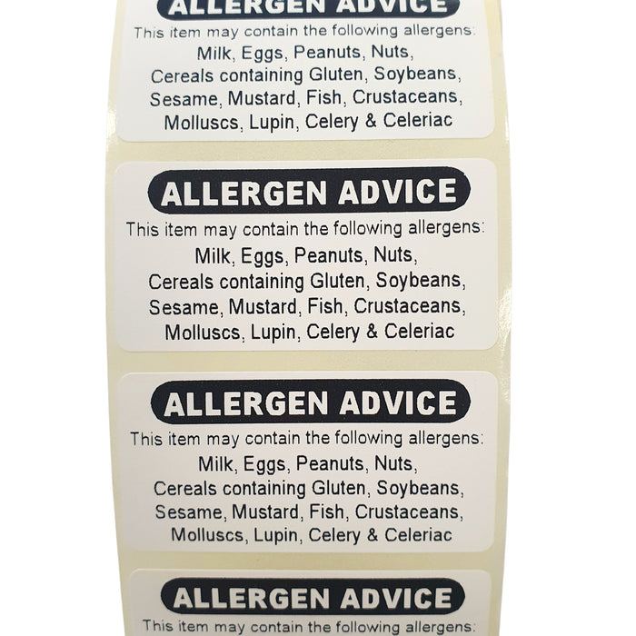 Allergen Advice Food Labels on a Roll, 50mm x 25mm, Permanent Adhesive, 500 Labels per Roll