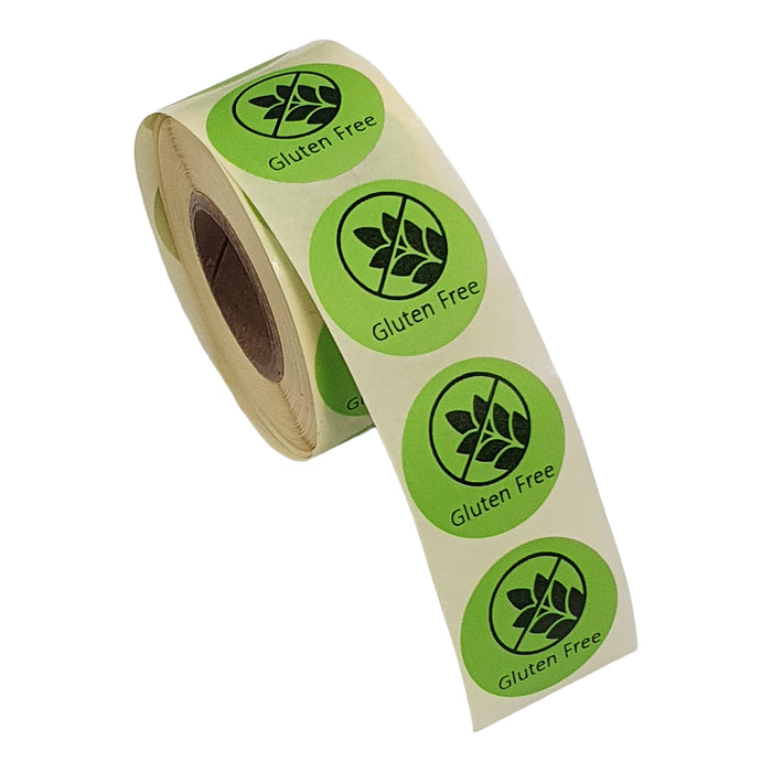 Gluten Free Labels, Round Stickers, Green and Black, 25mm Diameter, Permanent Adhesive, 500 per Roll