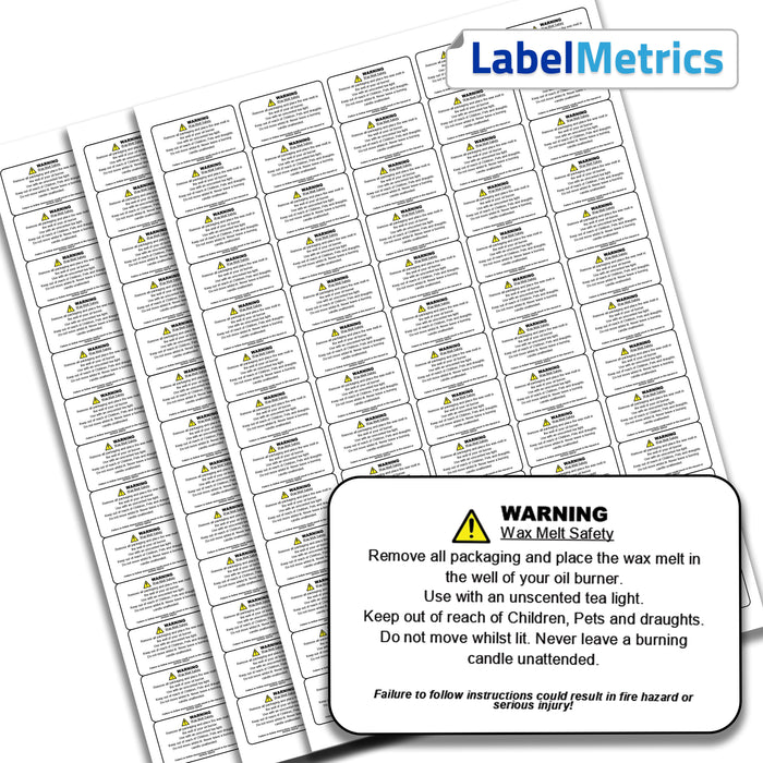 Wax Melt safety warning labels. 65 labels per A4 sheet, permanent adhesive.