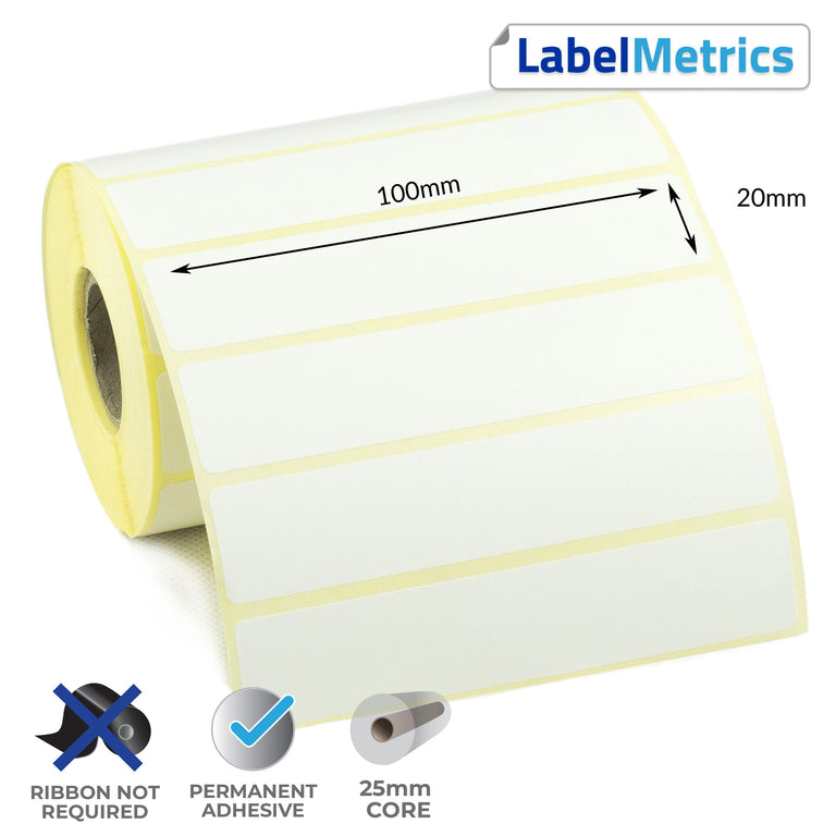 100 x 20mm Direct Thermal Labels - Permanent Adhesive