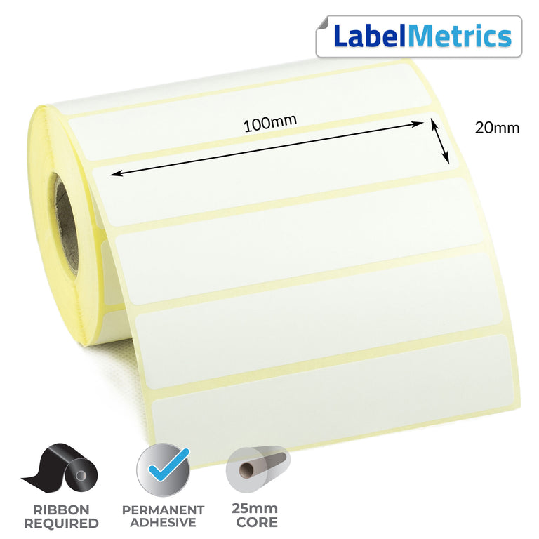 100 x 20mm Thermal Transfer Labels - Permanent Adhesive