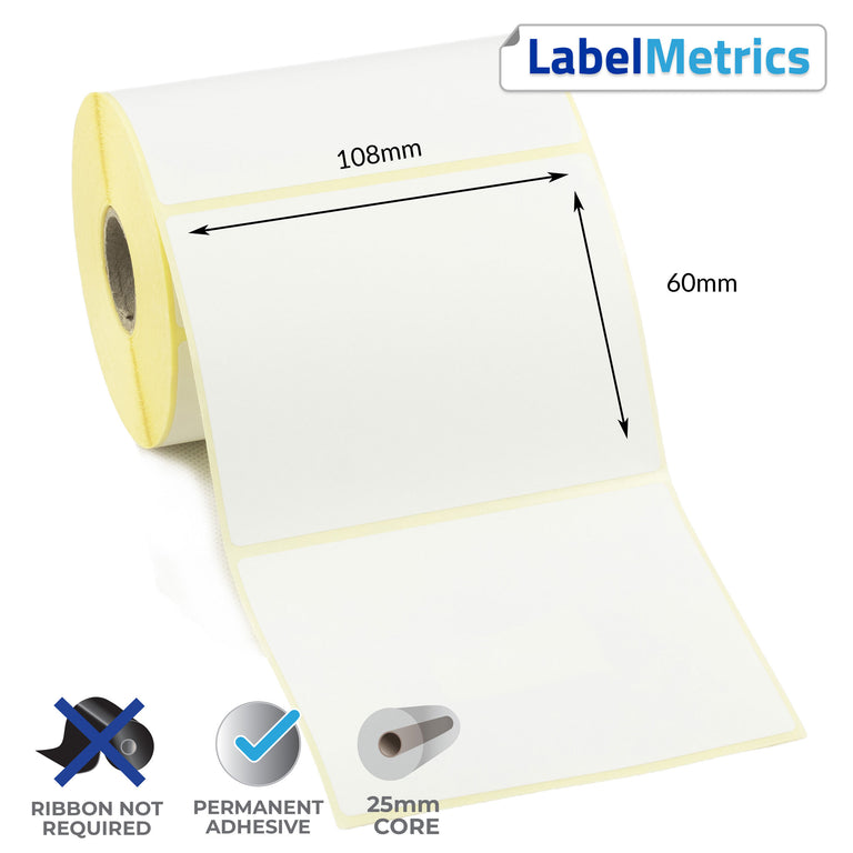 108 x 60mm Direct Thermal Labels - Permanent Adhesive