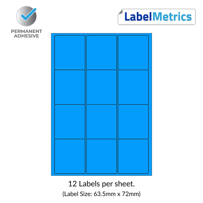 Process Blue A4 Laser Labels - Inkjet Labels - 12 Per Sheet (63.5mm x 72mm) LL12SE