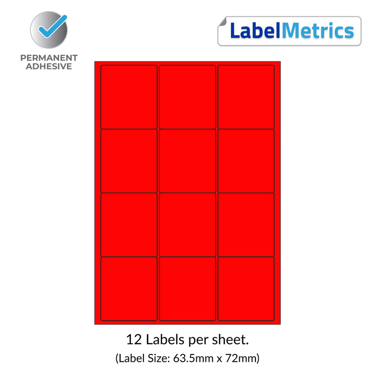 Matt Red (Pantone 032) A4 Laser Labels - Inkjet Labels - 12 Per Sheet (63.5mm x 72mm) LL12SE