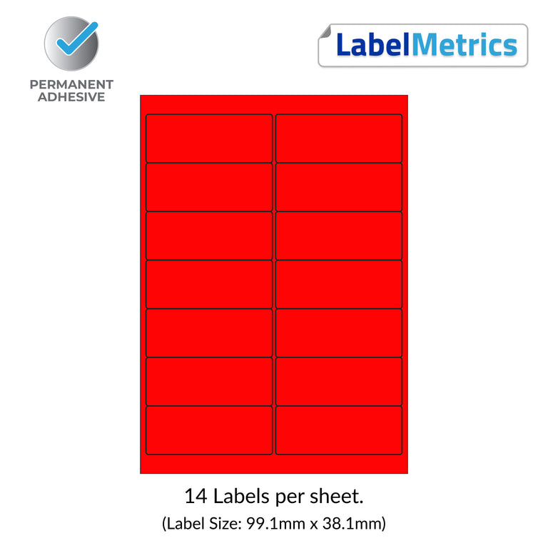 Matt Red (Pantone 032) A4 Laser Labels - Inkjet Labels - 14 Per Sheet (99.1mm x 38.1mm) LL14