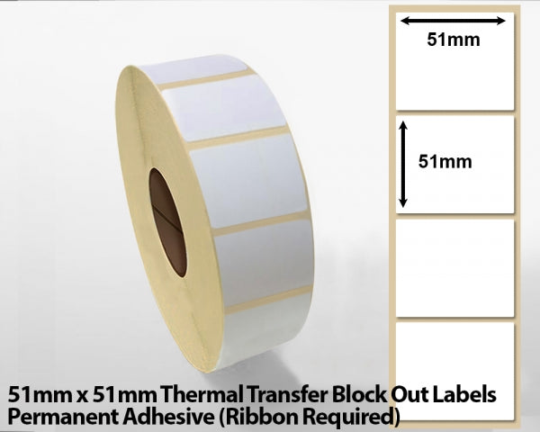 51 x 51mm Thermal Transfer Block Out Labels - Permanent Adhesive