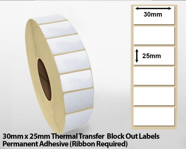 30 x 25mm Thermal Transfer Block Out Labels - Permanent Adhesive
