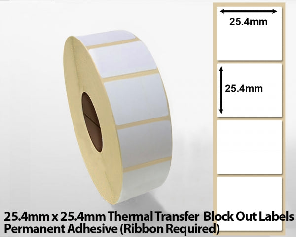 25.4 x 25.4mm Thermal Transfer Block Out Labels - Permanent Adhesive