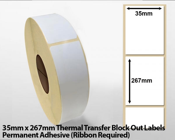 35 x 267mm Thermal Transfer Block Out Labels - Permanent Adhesive