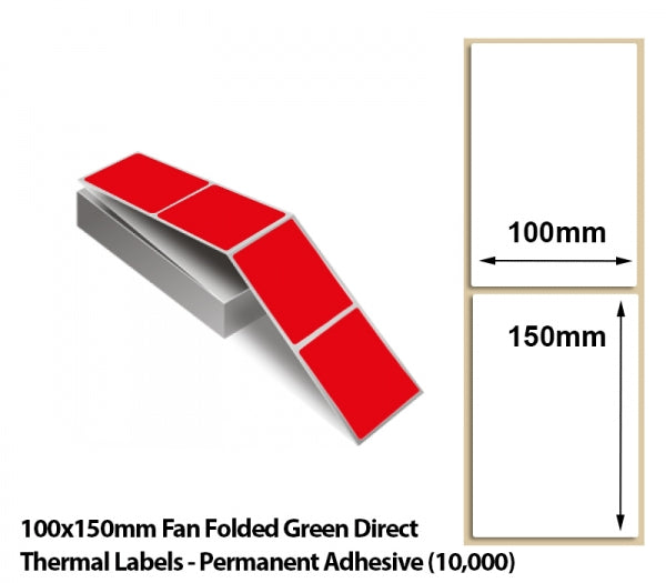 100x150mm Fan Folded Red Direct Thermal Labels - Permanent Adhesive (10000)