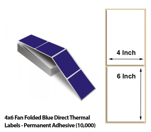4x6 Fan Folded Blue Direct Thermal Labels - Permanent Adhesive (10000)