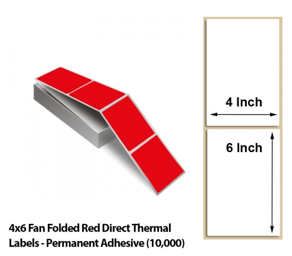 4x6 Fan Folded Red Direct Thermal Labels - Permanent Adhesive (10000)