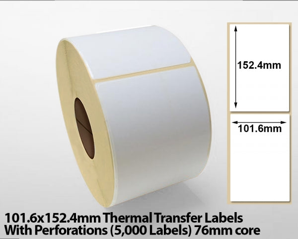 101.6x152.4mm Thermal Transfer Labels With Perforations (5000 Labels) 76mm core
