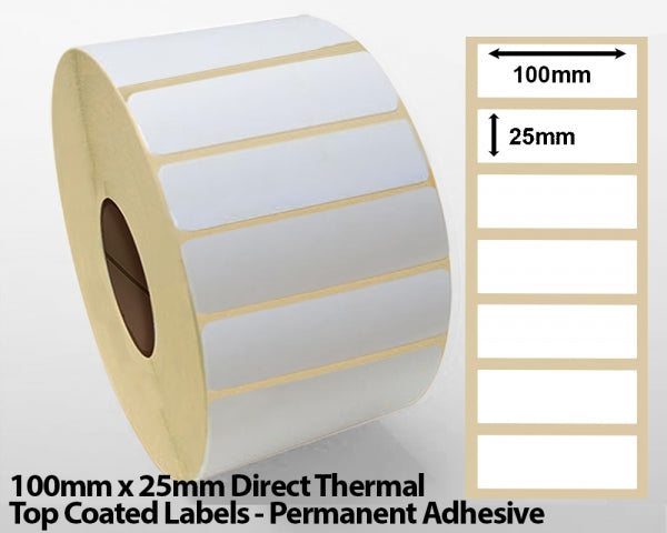 100 x 25mm Direct Thermal Top Coated Labels - Permanent Adhesive