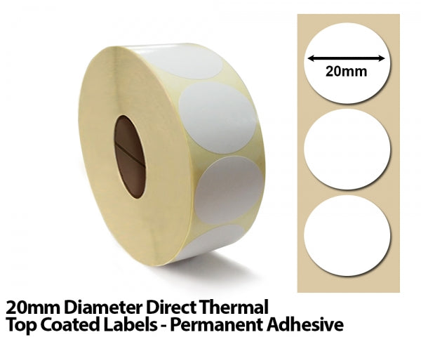 20mm Diameter Direct Thermal Top Coated Labels - Permanent Adhesive