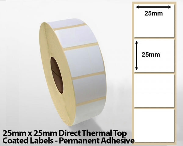 25 x 25mm Direct Thermal Top Coated Labels - Permanent Adhesive