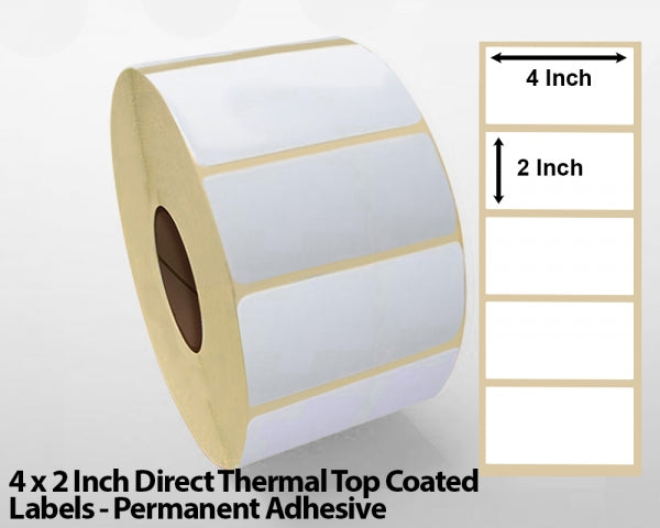 4 x 2 Inch Direct Thermal Top Coated Labels - Permanent Adhesive