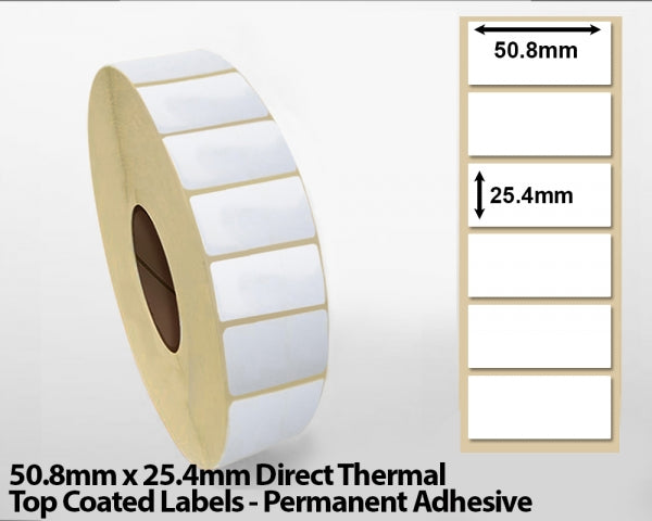 50.8 x 25.4mm Direct Thermal Top Coated Labels - Permanent Adhesive