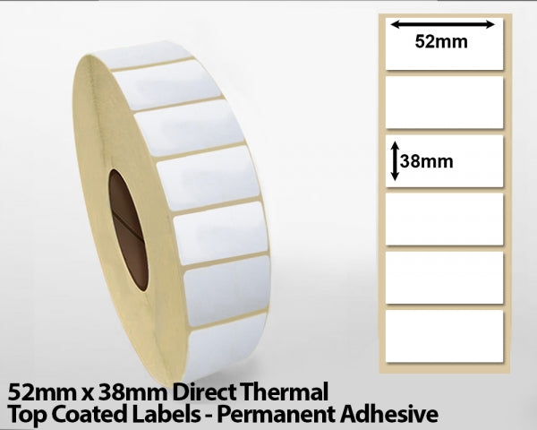 52 x 38mm Direct Thermal Top Coated Labels - Permanent Adhesive
