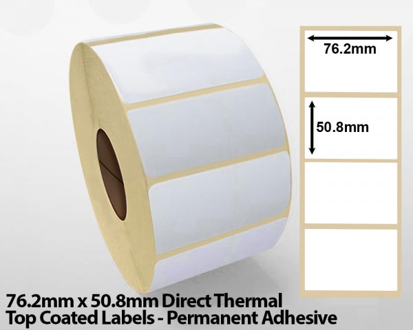 76.2x 50.8mm Direct Thermal Top Coated Labels - Permanent Adhesive