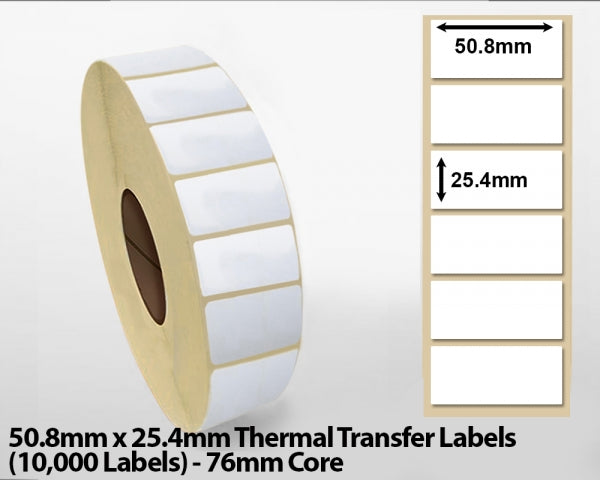 50.8x25.4mm Thermal Transfer Labels (10000 Labels) 76mm core