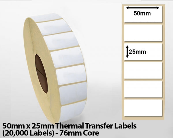 50x25mm Thermal Transfer Labels (20000 Labels) 76mm core