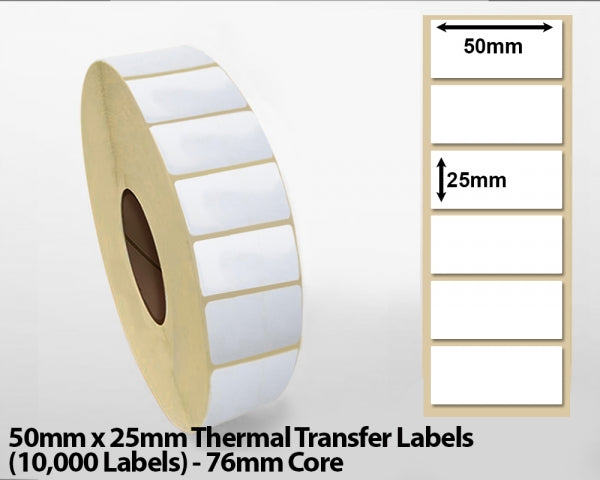 50x25mm Thermal Transfer Labels (10000 Labels) 76mm core