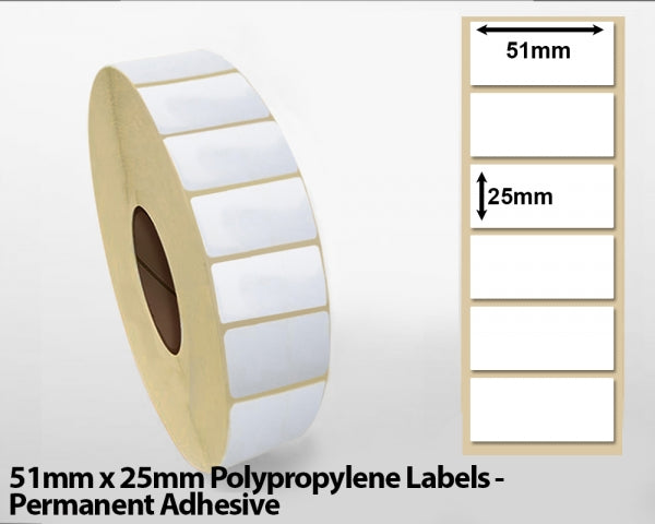 51mm x 25mm Polypropylene Labels - Permanent Adhesive
